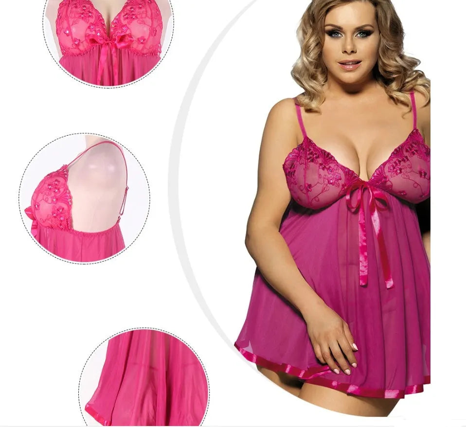 Women's purple lace mesh sleepdress on a hanger, showing seamless construction and sling dress style.