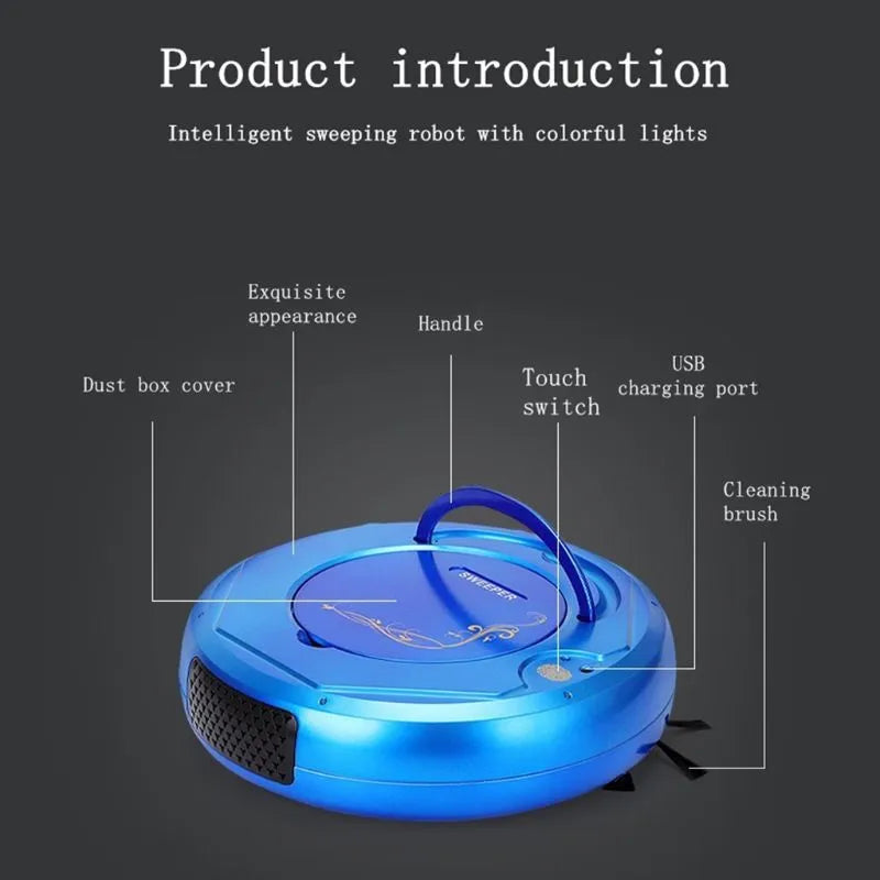 Smart floor sweeping robot vacuum cleaner in black, blue, or white colours on a hard floor surface.