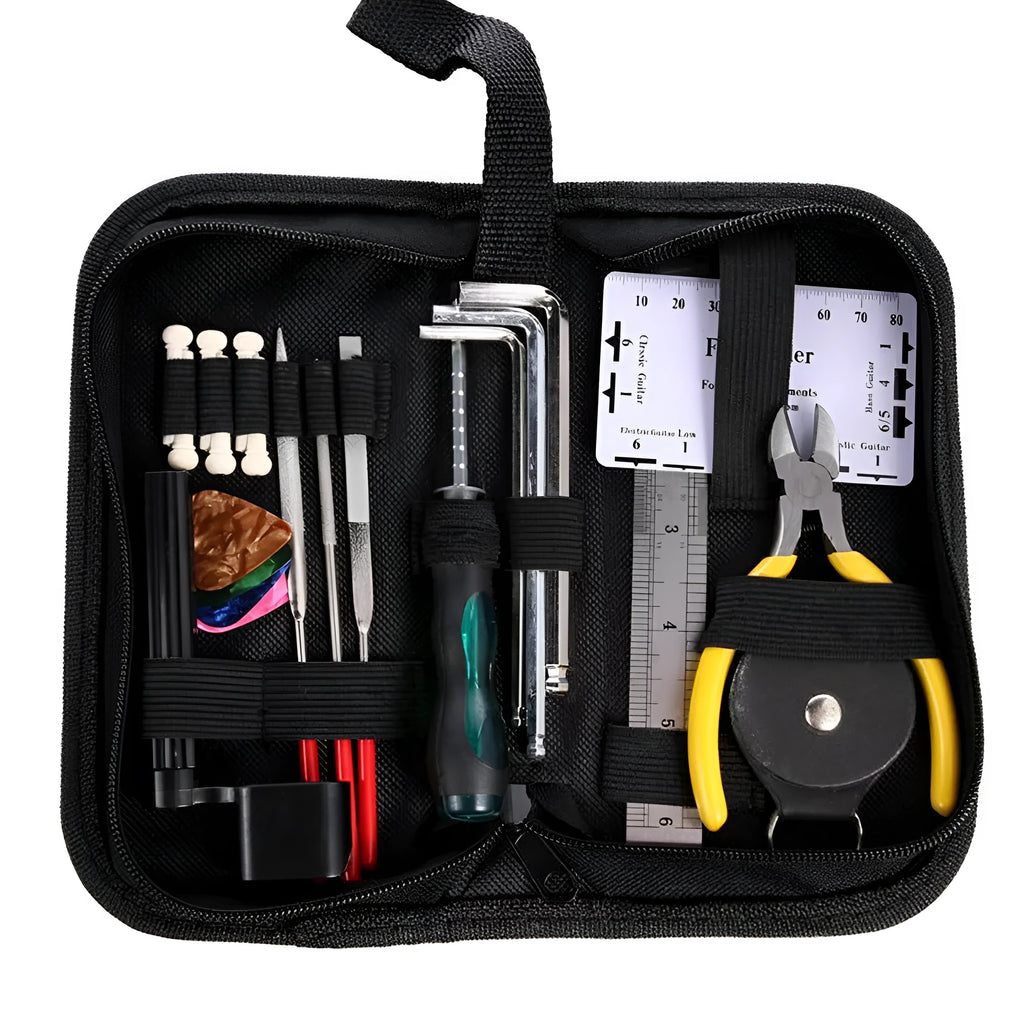 Black plastic case of guitar repair tool kit with metal components for instrument maintenance.