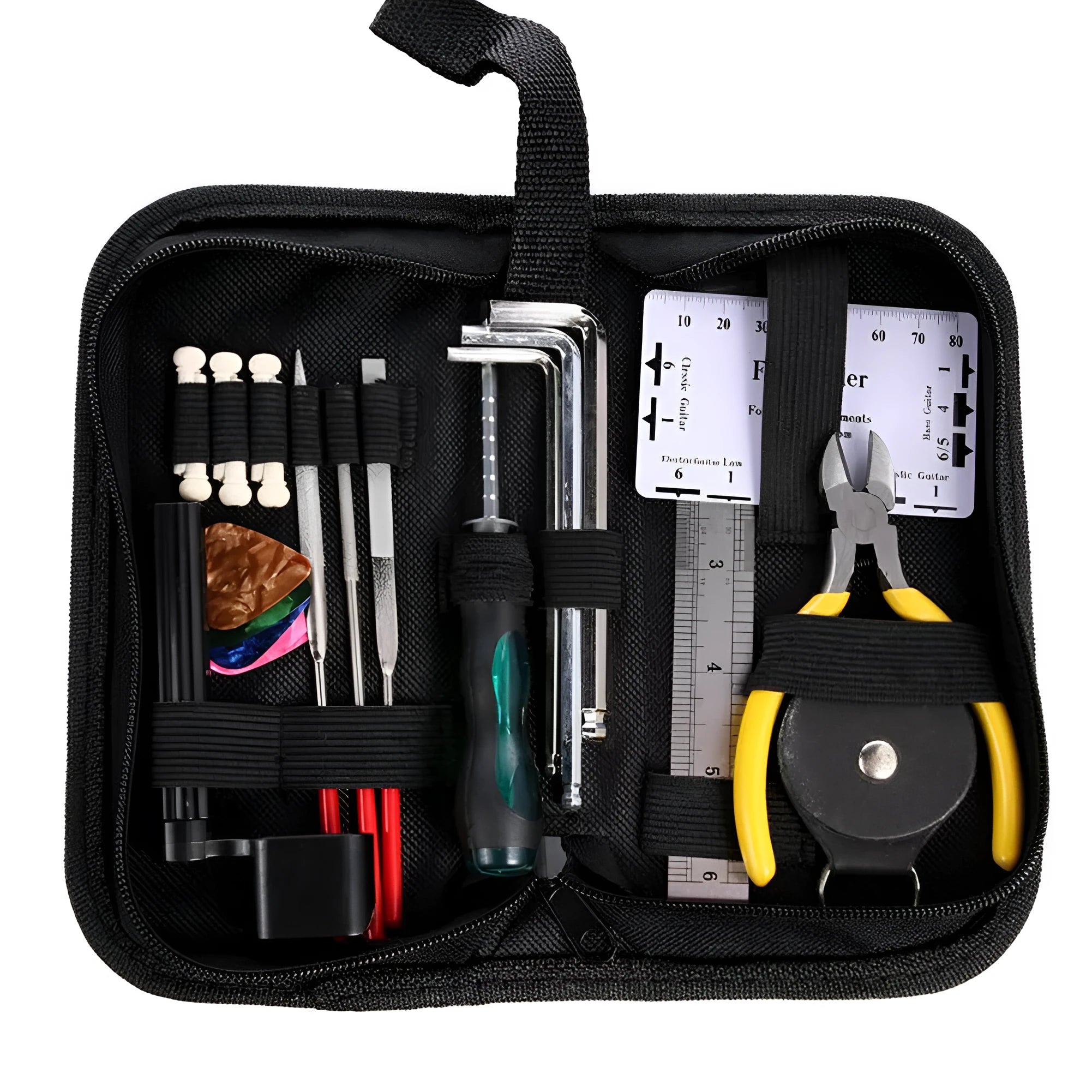 Black plastic case of guitar repair tool kit with metal components for instrument maintenance.