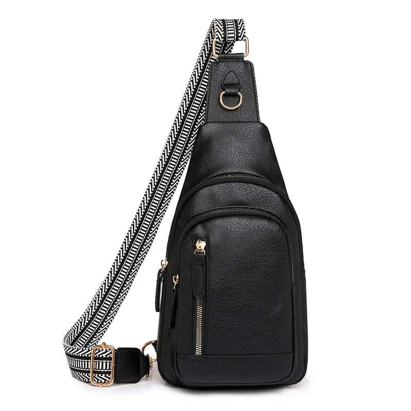Women's soft PU leather chest messenger bag with zip compartments in beige colour