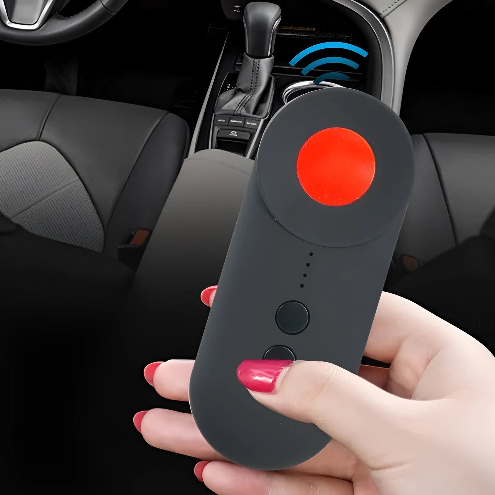 Black GPS and WiFi signal detector with Micro USB port showing compact 93.8mm length