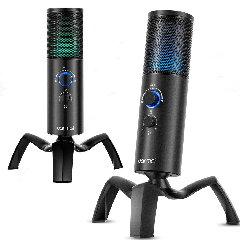 Black Q18 bidirectional USB condenser microphone with RGB lighting on rotating tripod stand