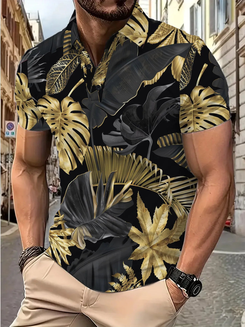Men's gold short sleeve shirt with tropical plant pattern printing on polyester fabric