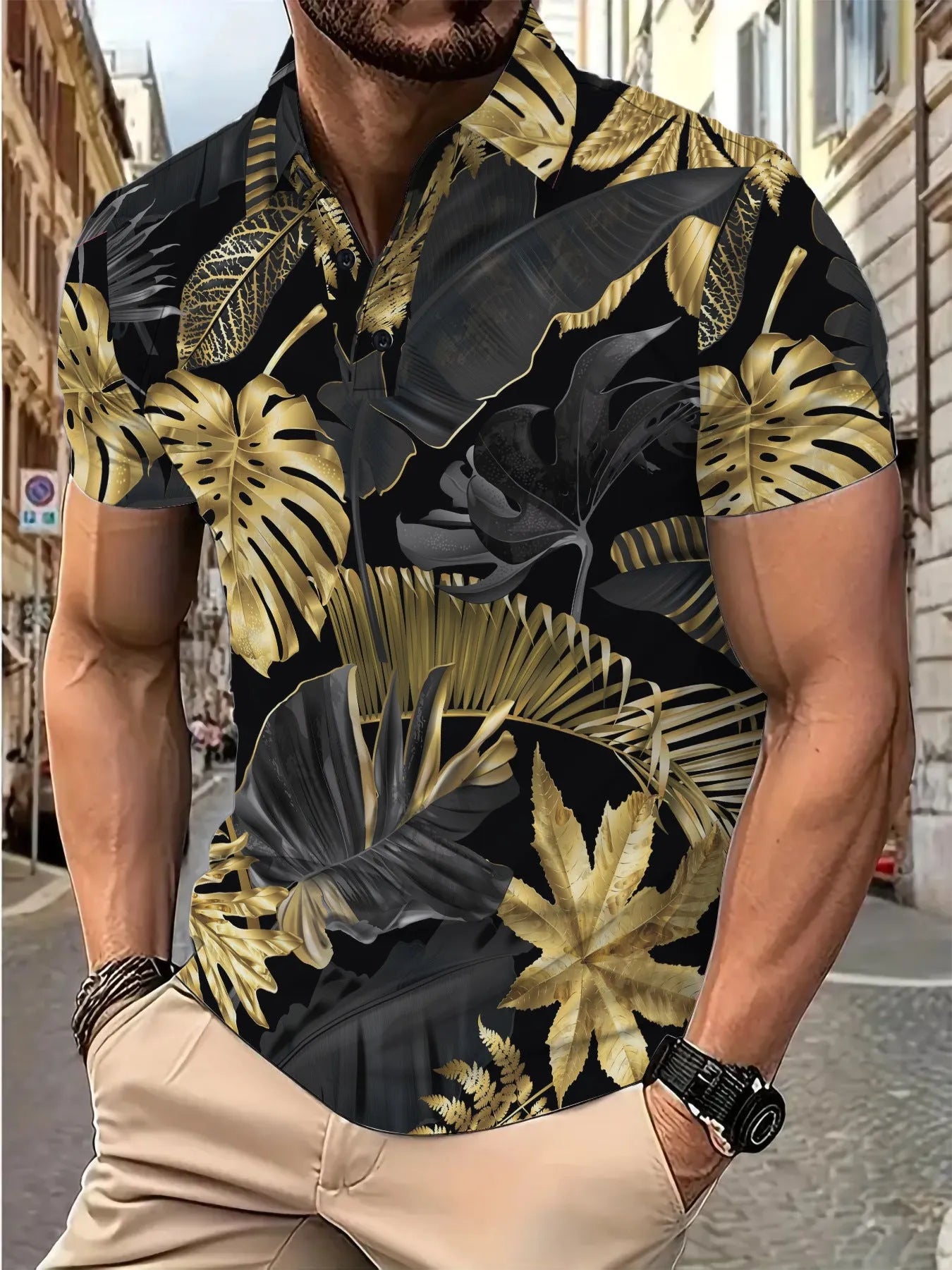 Men's gold short sleeve shirt with tropical plant pattern printing on polyester fabric