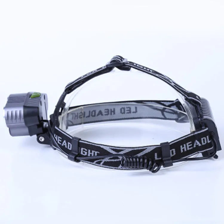 Fixed focus head-mounted camping lamp with LED lighting showing forward illumination pattern