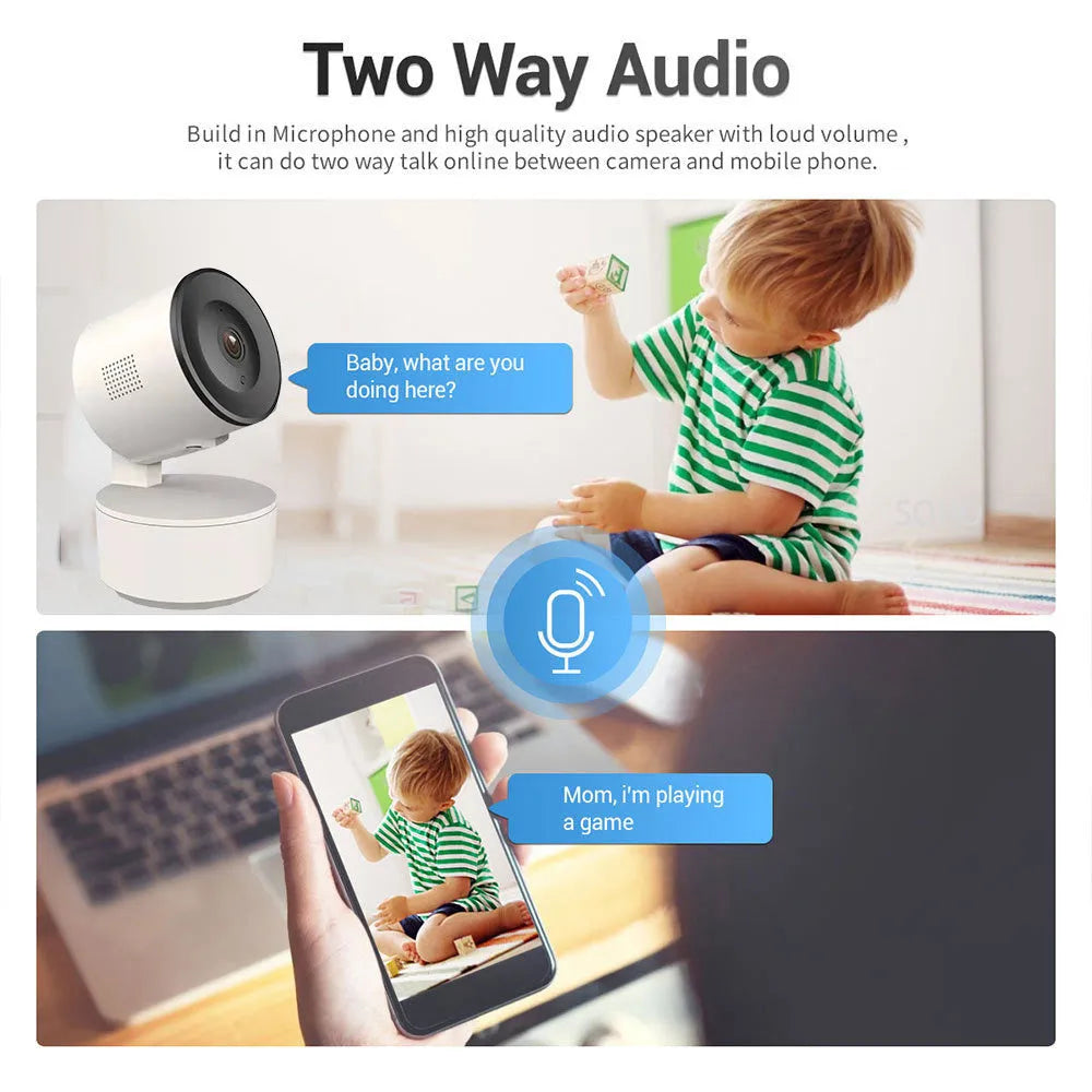 Smart wifi security camera with 1080p resolution and PTZ rotation for indoor monitoring