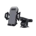 Black car phone holder for smartphones between 4 and 7 inches on a car dashboard