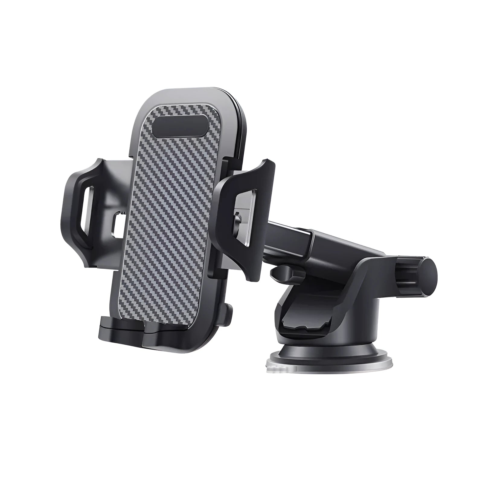 Black car phone holder for smartphones between 4 and 7 inches on a car dashboard