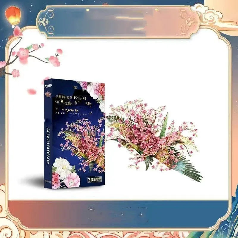 Flower crane metal puzzle assembled model with LED lighting and metal sheet background