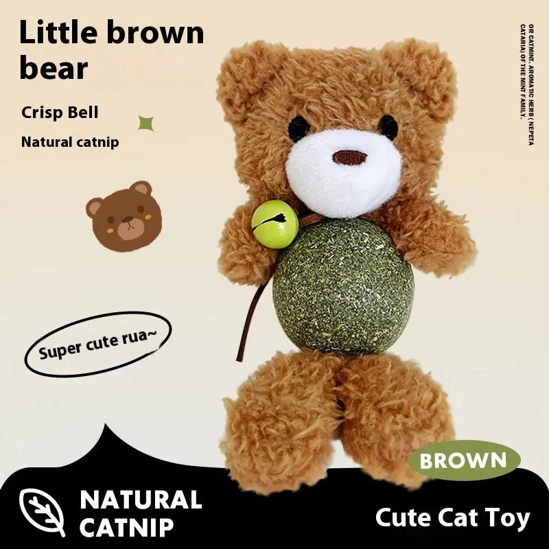 Plush catnip ball toy with bell, measuring 15cm height, shown in brown bear colour design