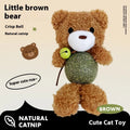 Plush catnip ball toy with bell, measuring 15cm height, shown in brown bear colour design