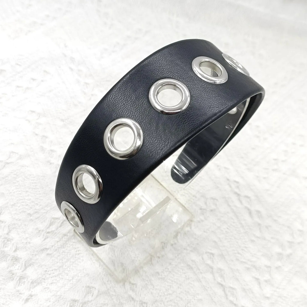 Black artificial leather wide headband with round, square, and dotted rivets for women punk style