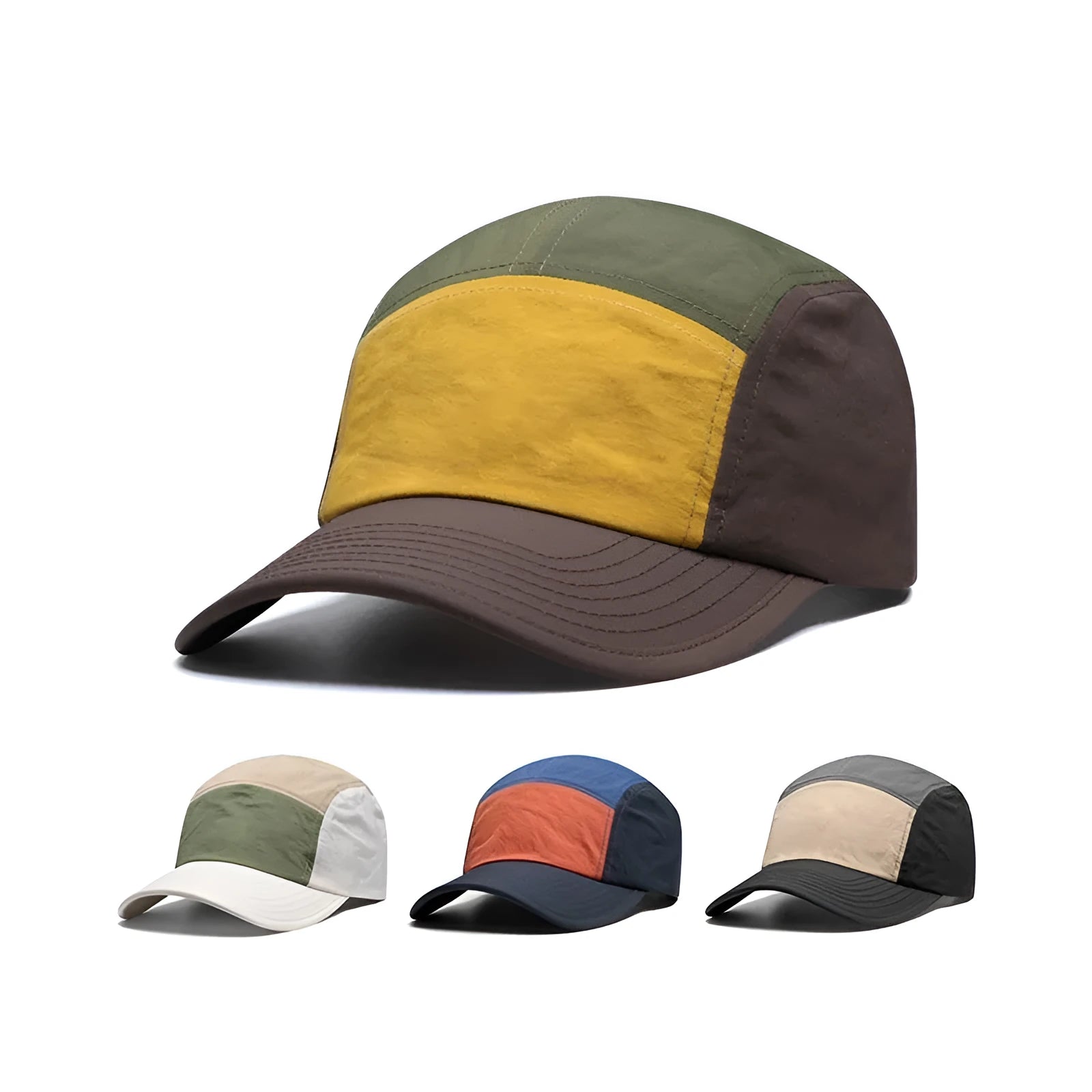 Men's curved brim baseball cap in cotton polyester fabric showing five-piece colour matching design