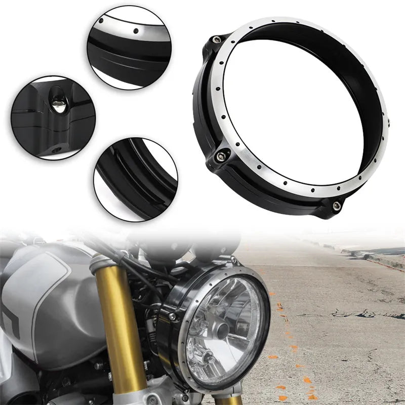 Black CNC aluminium headlight cover for BMW R Nine T Scrambler motorcycle