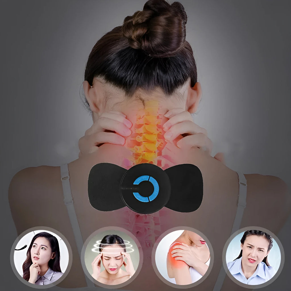 Mini electric shoulder and neck massager with massage patches in black packaging
