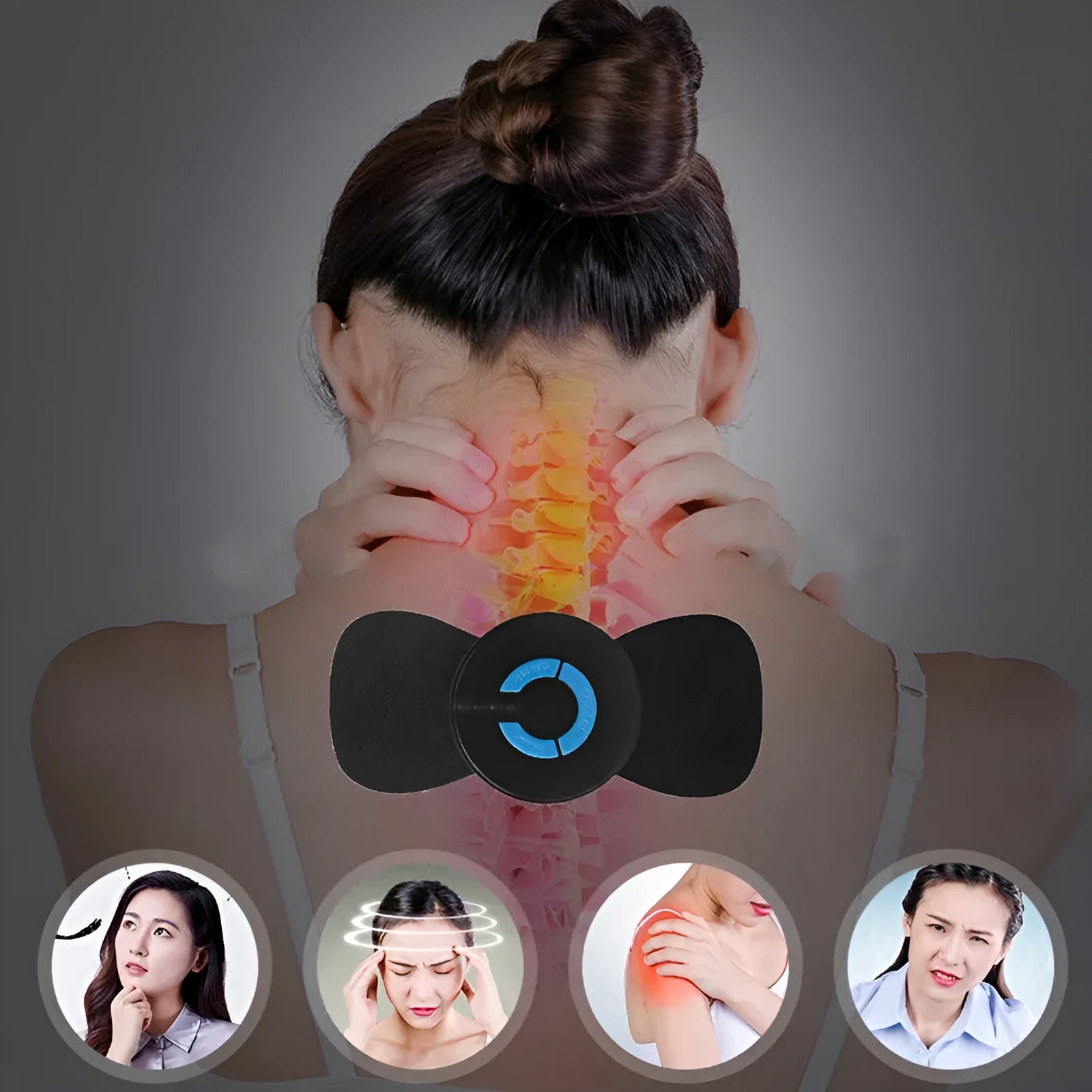 Mini electric shoulder and neck massager with massage patches in black packaging
