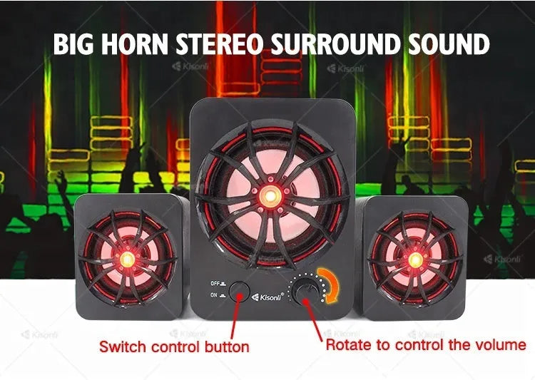 Green 2.1 USB computer speaker with colourful LED lights and dual USB/3.5mm connectivity