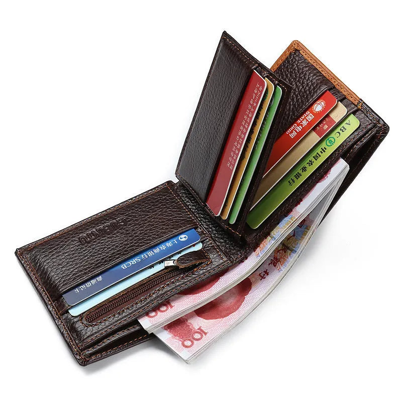 Men's soft leather 3-fold wallet with personality stitching and multiple internal card slots.