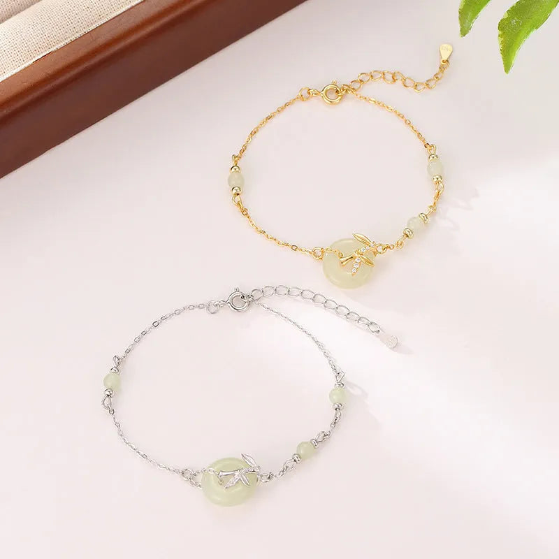 Women's Hetian Jade bracelet with safety buckle closure in antique style 925 silver