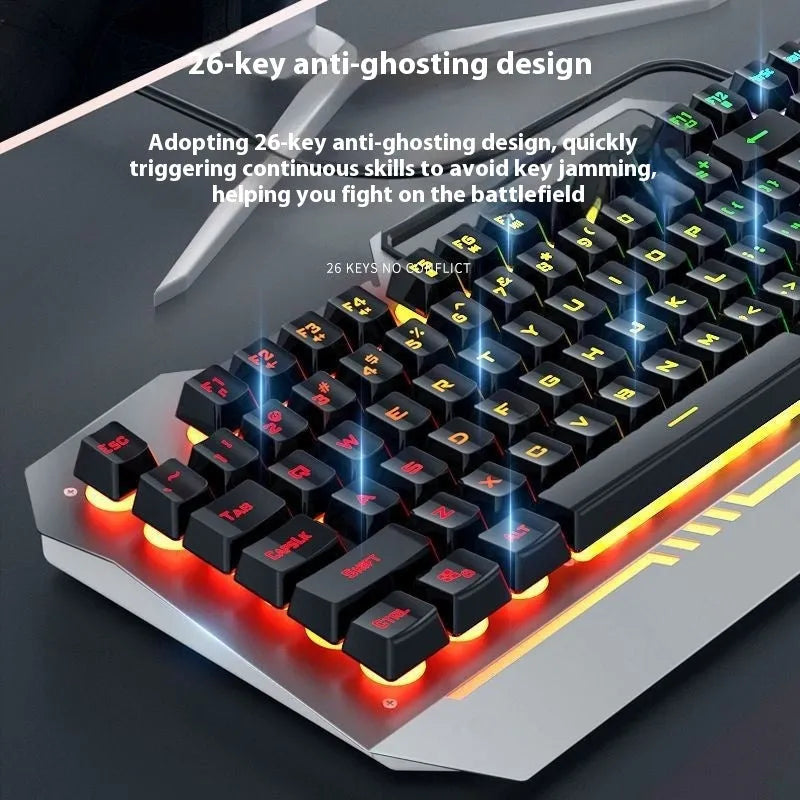 Mechanical gaming keyboard, mouse, and headset bundle in metal packaging with LED lighting