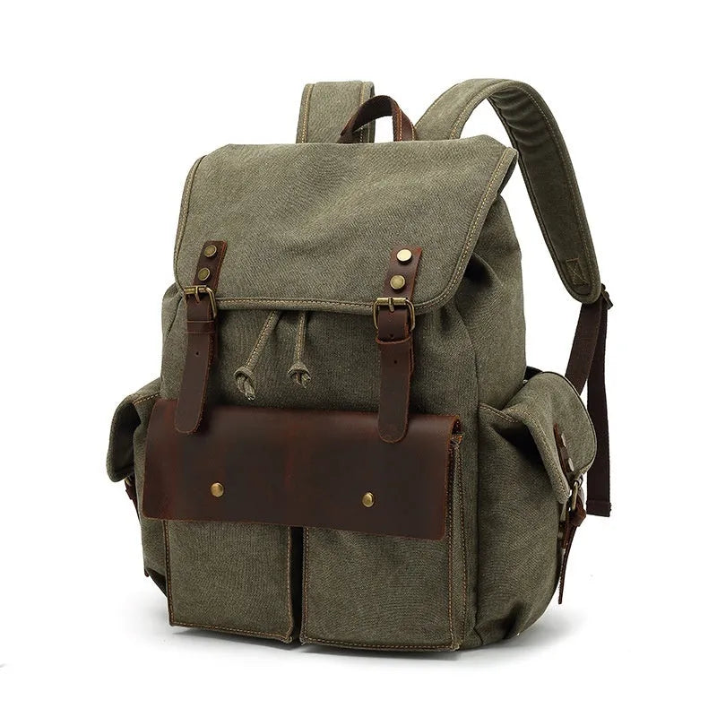 Retro canvas backpack in army green with antique bronze hardware and 16-inch laptop compartment