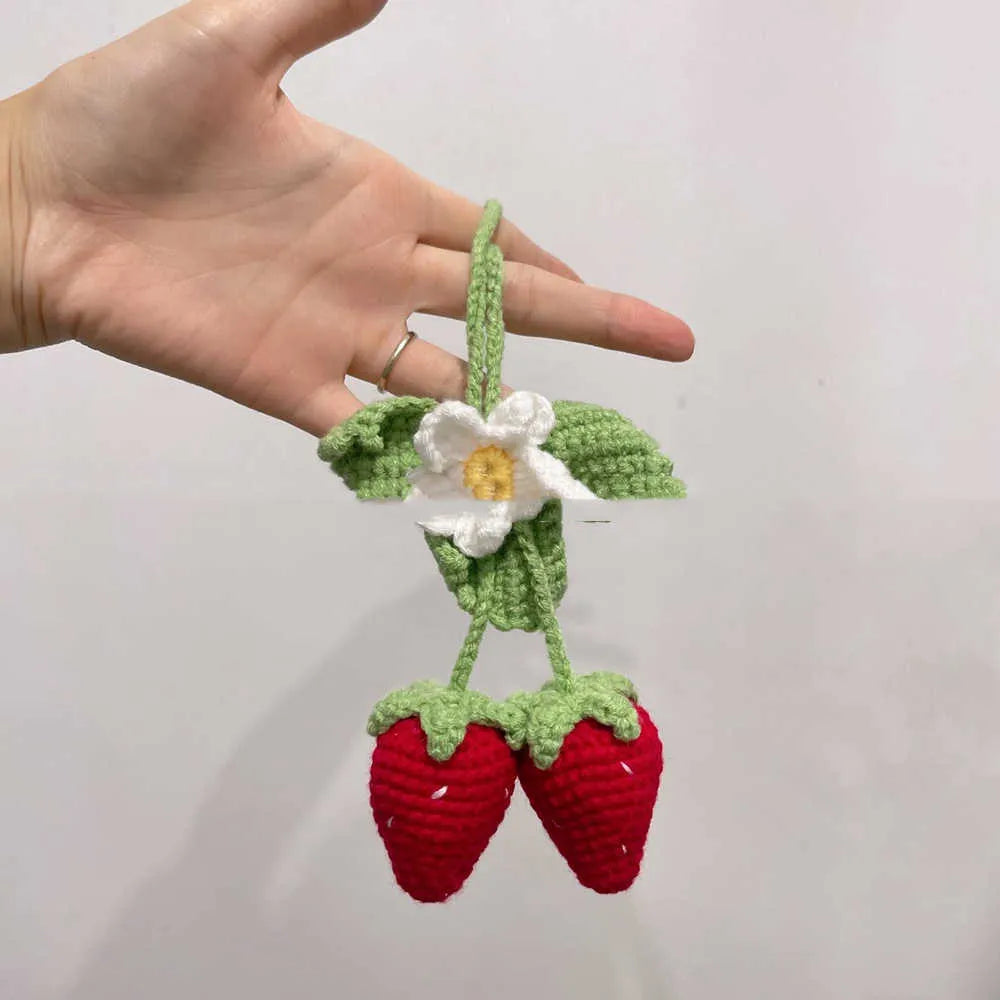 Handmade strawberry-shaped weaving pendant car decoration made from cotton and hemp yarns
