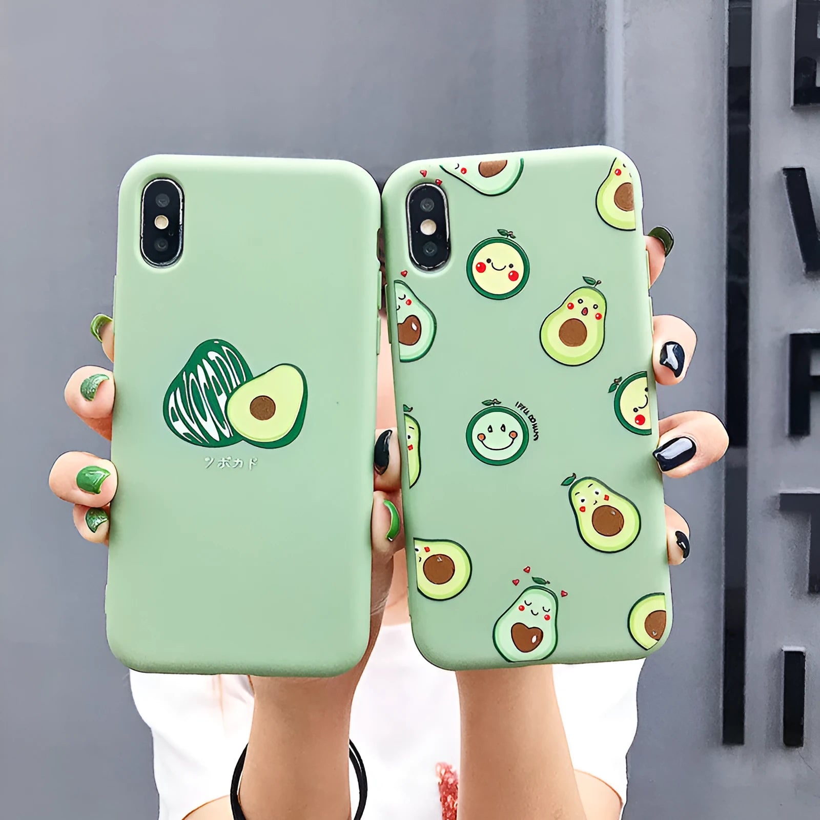 Avocado cartoon design TPU iPhone case showing back cover with painted artwork compatible with multiple iPhone models