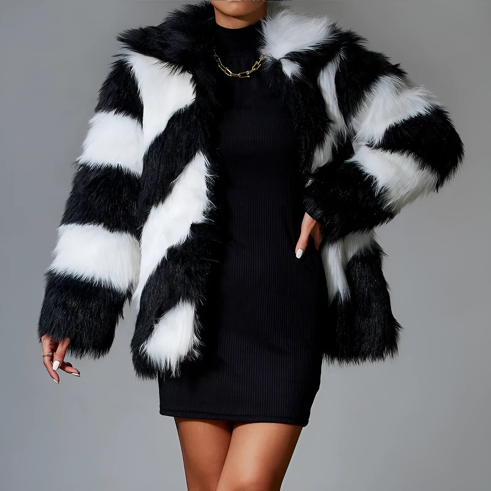 Lapel contrast colour faux fur coat with a textured fur collar, shown in a normal 50cm length.