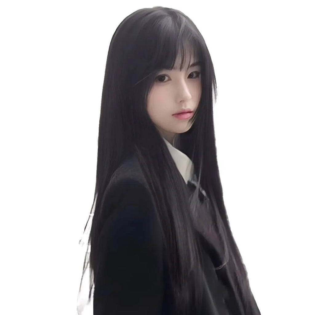 Black long straight wig with bangs made from high temperature fibre material