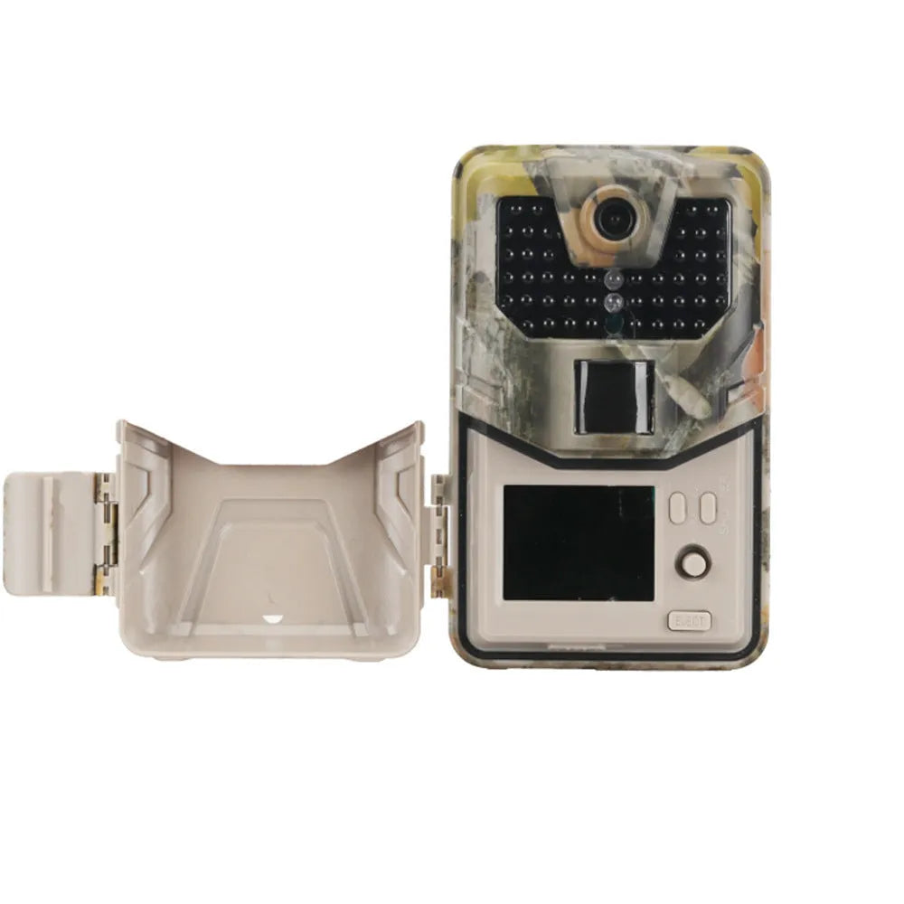 Camouflage outdoor hunting camera with infrared LEDs showing compact 16cm design for wildlife monitoring