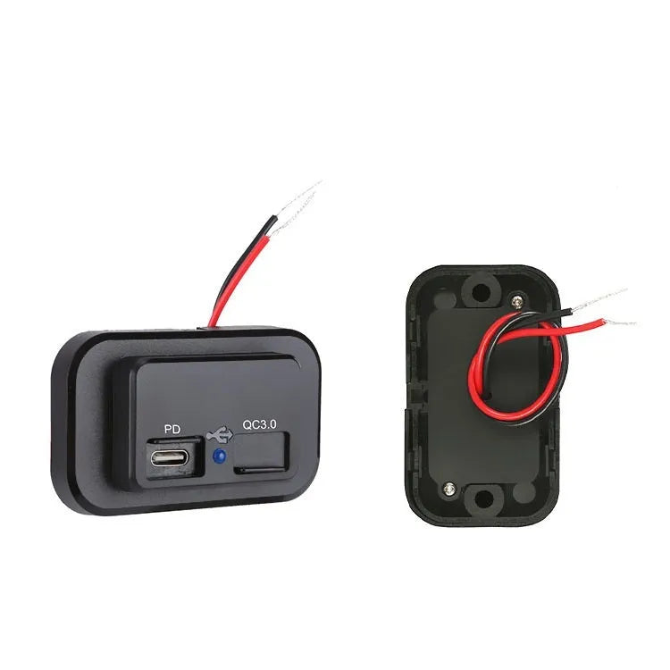 Black QC3.0 and PD fast car charger with TYPE-C port for 12V vehicles.