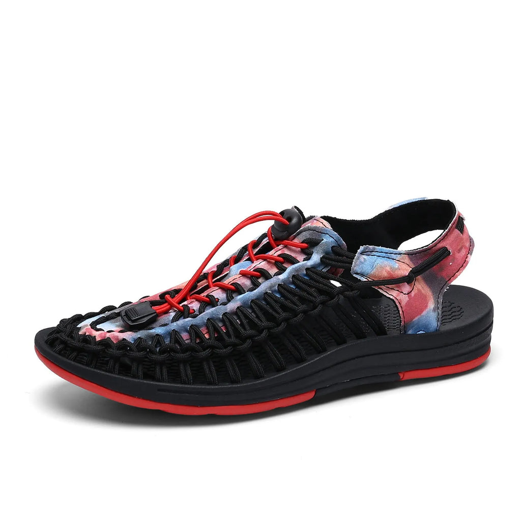 Woven Roman sandals with elastic drawstring tie in rainbow colour with rubber sole