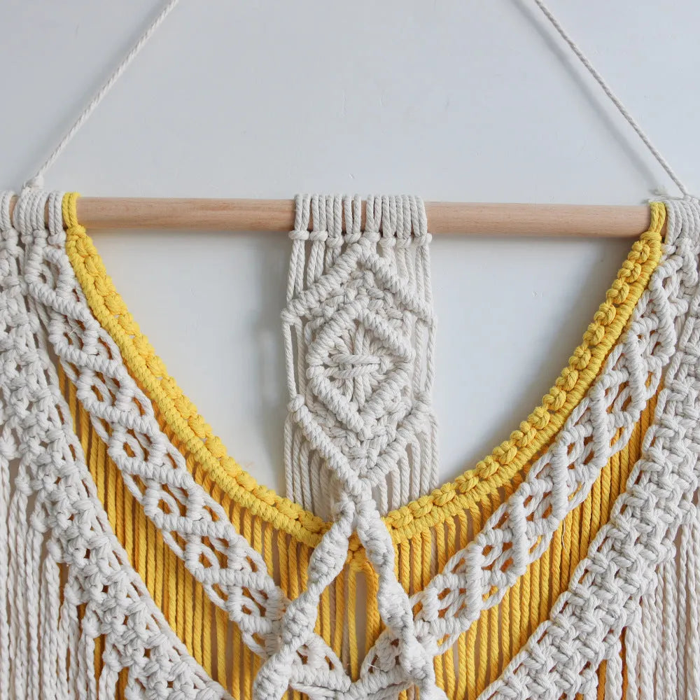 Hand-woven creamy white and yellow cotton Nordic tapestry rectangle 120cm by 95cm