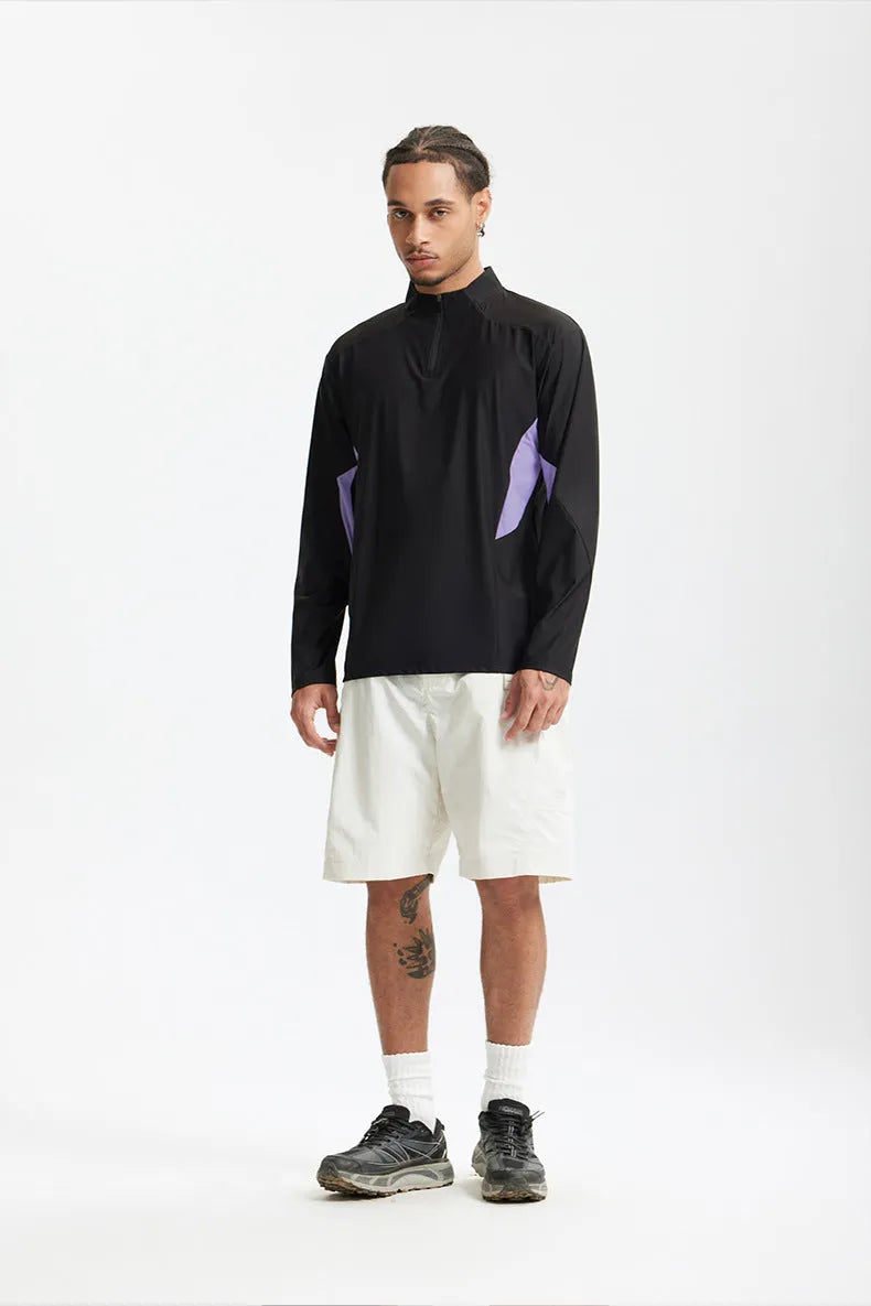 Men's lightweight polyester casual top in black and beige with long and short sleeve options
