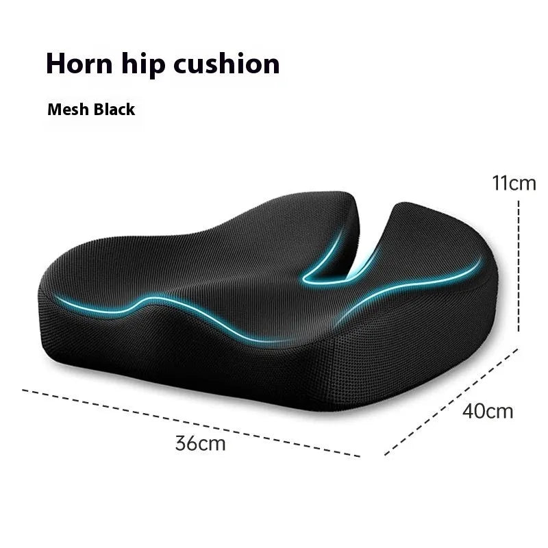 Memory foam office chair cushion with waist support in grey colour on wooden chair