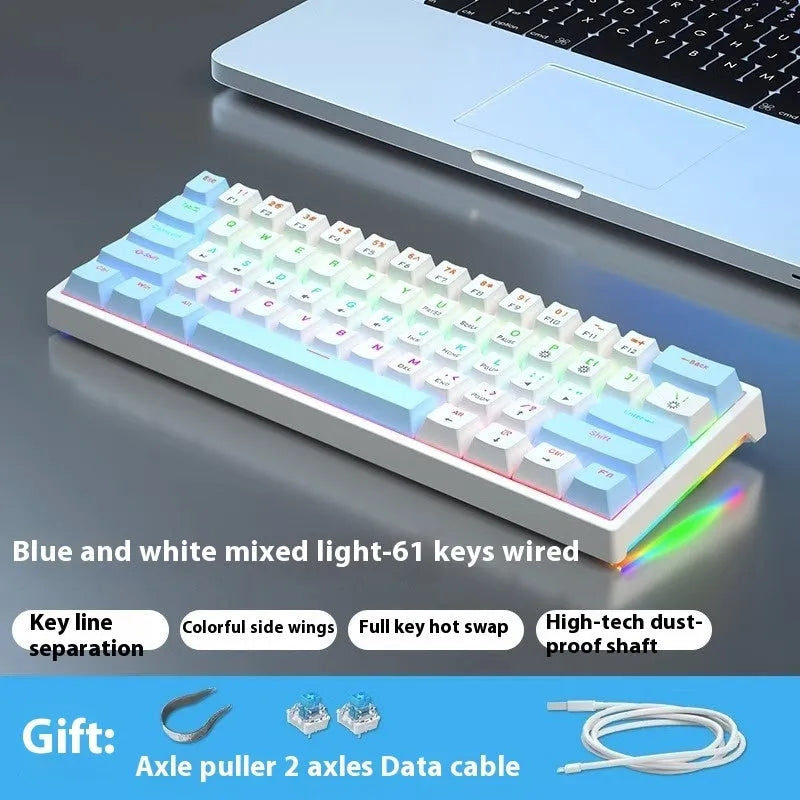 61-key compact mechanical keyboard with blue-white tea switches and wired connection