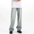 Blue retro loose fit casual trousers made from rabbit fur fabric on a neutral background.