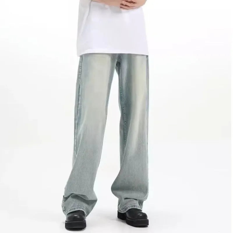 Blue retro loose fit casual trousers made from rabbit fur fabric on a neutral background.