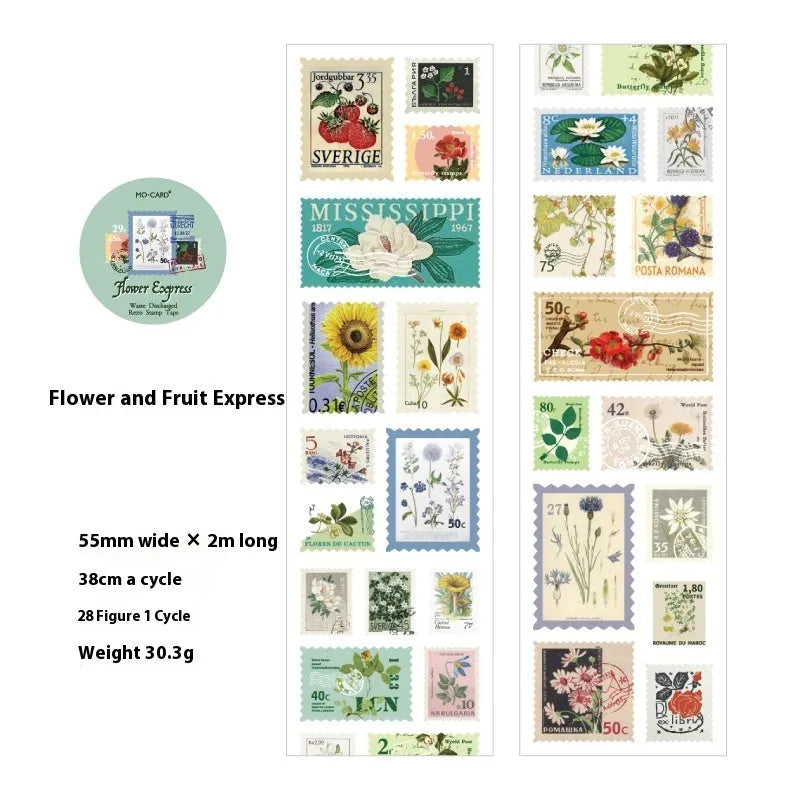 Roll of 55mm wide coated paper stamp for journal decoration with retro butterfly, forest, bird and mushroom designs