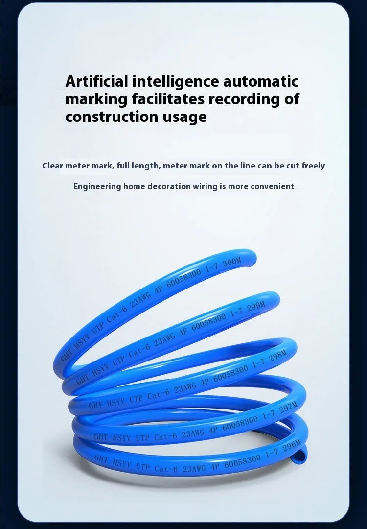 A 305-metre reel of blue Category 6 network cable with oxygen-free copper core, with cable end showing twisted pairs.