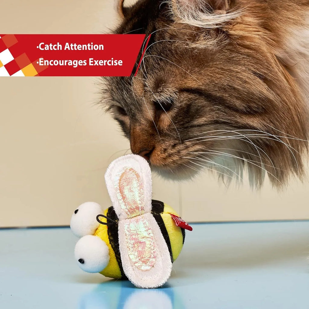 Yellow bee-shaped interactive cat toy with motion-activated squeaking sounds