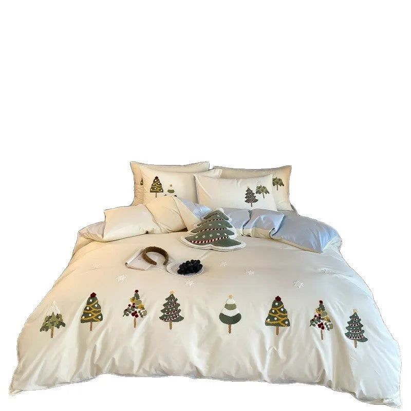 Christmas tree embroidered cotton duvet cover and pillowcases with plants and flowers pattern