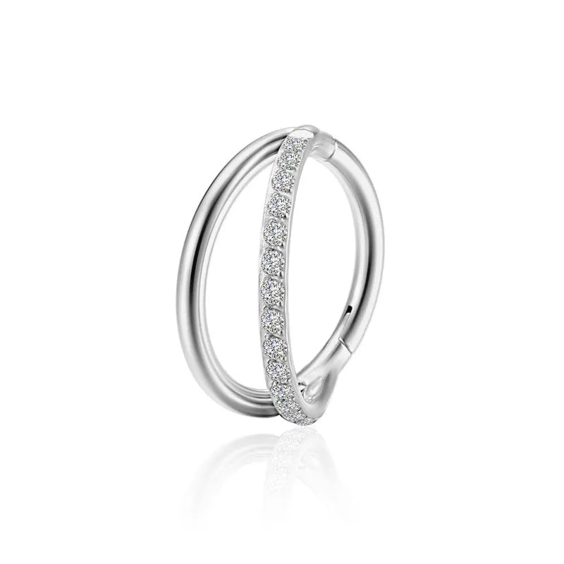 Titanium alloy fork style nose ring on a plain background showing silver, gold, black, and rose gold colour options.