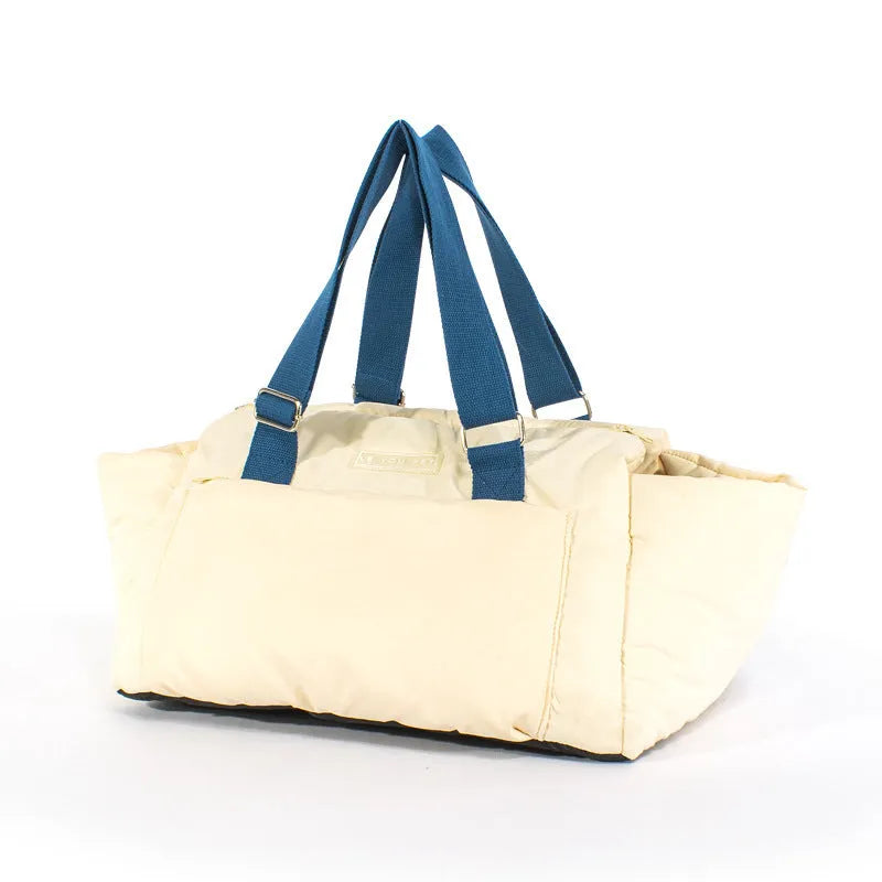 White portable cat bag made from peach skin velvet with cotton belt, size 45x35x26.5 cm, for cats up to 12 kg