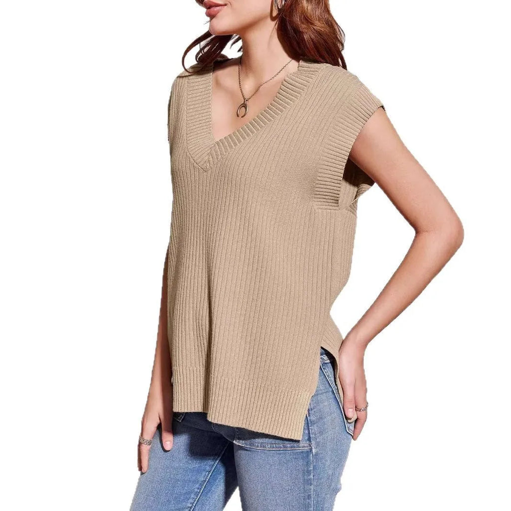 V-neck sleeveless loose pullover vest in striped pattern with camel colour