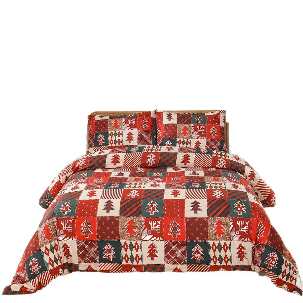 Christmas red plaid pattern bedding three-piece set with quilt cover and pillowcases on a bed.
