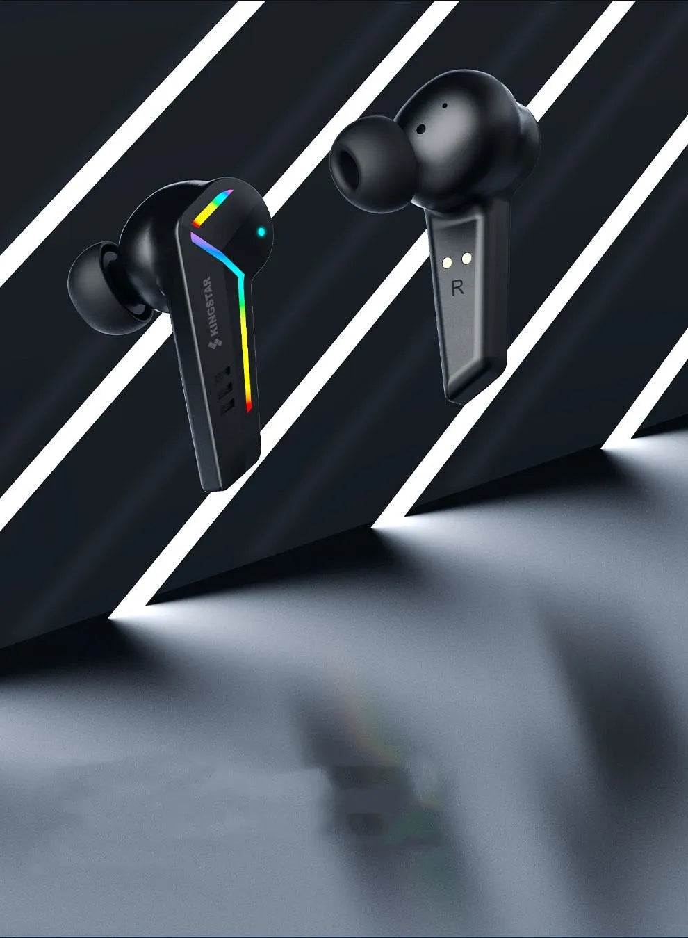 Black low latency TWS Bluetooth sports headset with NFC and earplug design on a dark background.