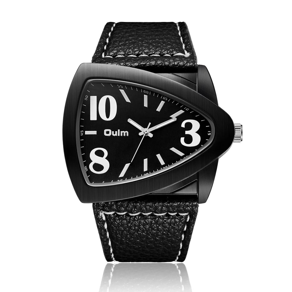 Men's casual triangle belt quartz watch showing slim 9mm profile and available colour options