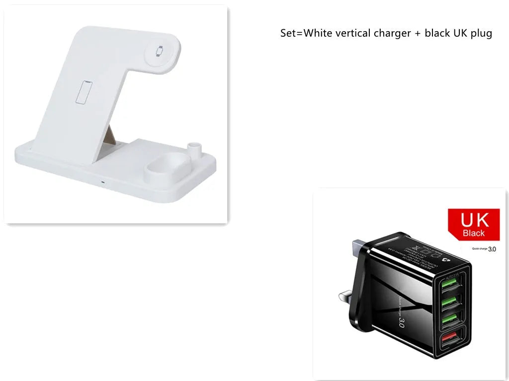 4-in-1 wireless charging station showing phone, Apple Watch, AirPods and Apple Pencil charging simultaneously on adjustable stand